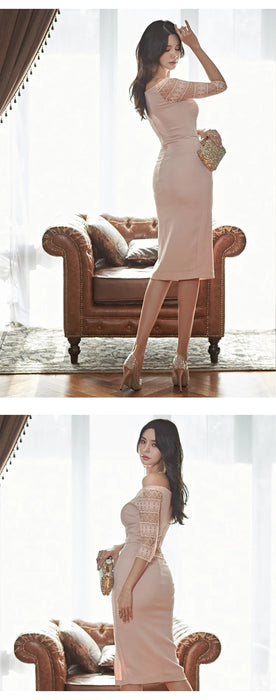 Elegant Women Evening Midi Dress Lady Formal Retro Sexy Sheer Slash Neck Bodycon Slim Slit Party Club Christmas Holiday Party