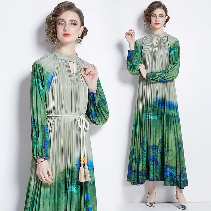 Spring Print Long Dress For Women Fashion Loose Lantern Sleeve Party Female Big Swing Tassels Belt Pleated