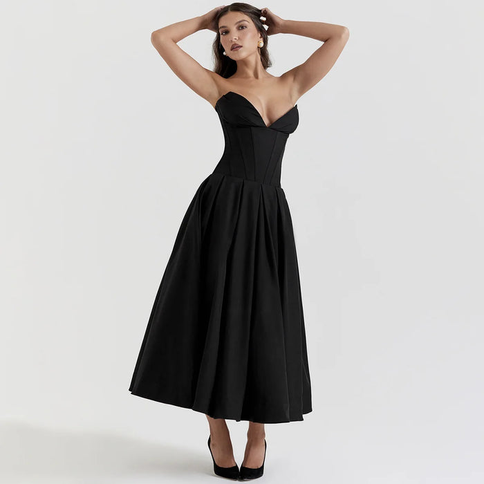 Suninheart Black Elegant Wedding Events Dress Sexy Strapless Corset Dress Midi Christmas Party Dresses for Women