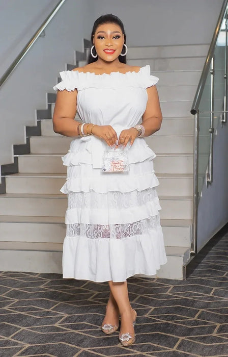Women Lace Patchwork Short Sleeve Slash Neck Maxi Long Dress Ruffles