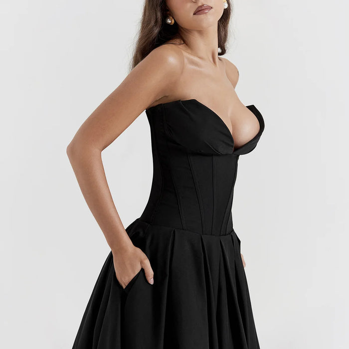 Suninheart Black Elegant Wedding Events Dress Sexy Strapless Corset Dress Midi Christmas Party Dresses for Women