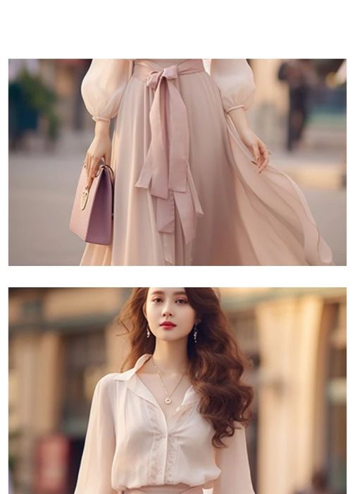 Two Piece Dress Elegant Ladies Woman Fashion Long-sleeved Work Party Wedding Guest Dresses