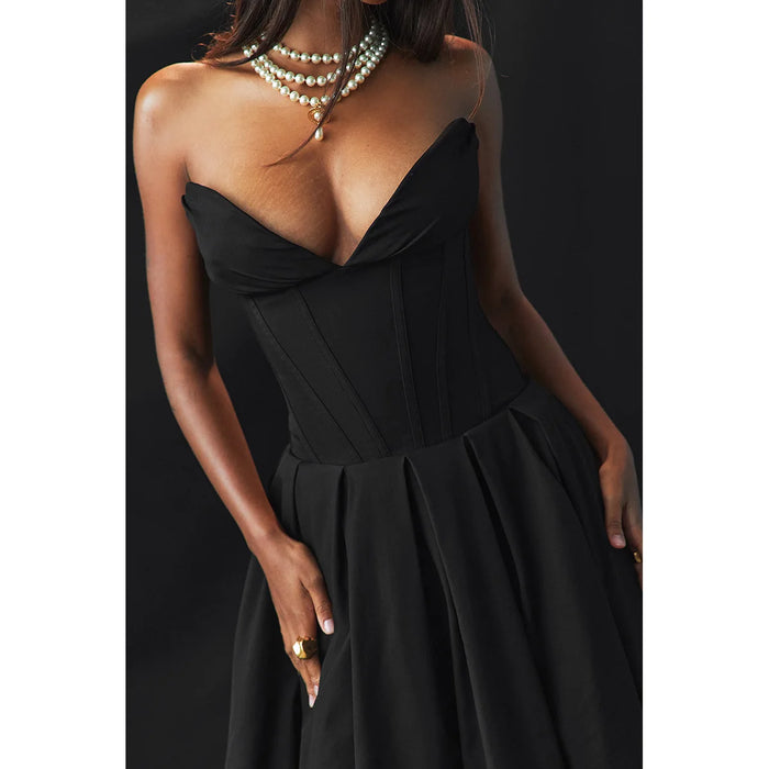 Suninheart Black Elegant Wedding Events Dress Sexy Strapless Corset Dress Midi Christmas Party Dresses for Women