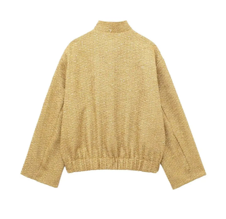 Women Fashion Shiny Sequin Jacket Gold Color Stand Collar Long Sleeve Short Coat Fall Winter Ladies Christmas Outwear