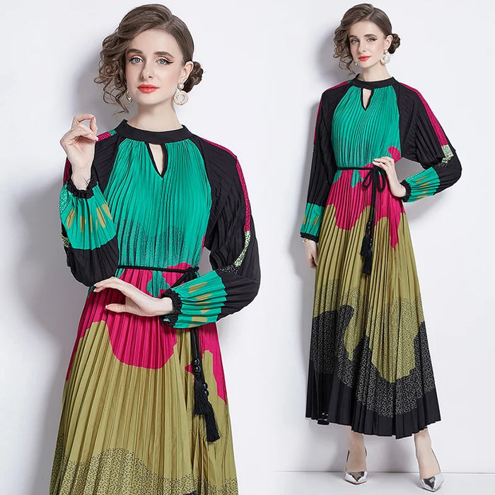 Spring Print Long Dress For Women Fashion Loose Lantern Sleeve Party Female Big Swing Tassels Belt Pleated