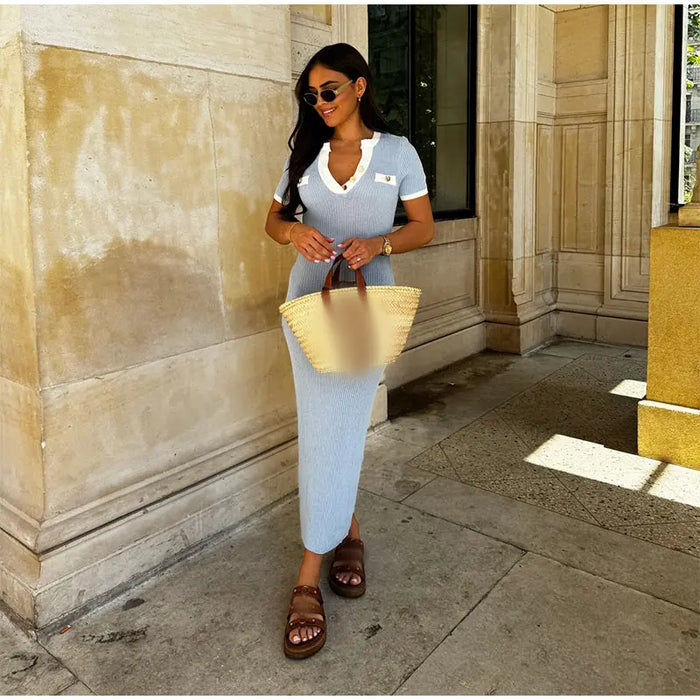 Elegant V Neck Denim Patchwork Knitted Long Dress Women Fashion Short Sleeved Buttons Bodycon Dresses Office Lady
