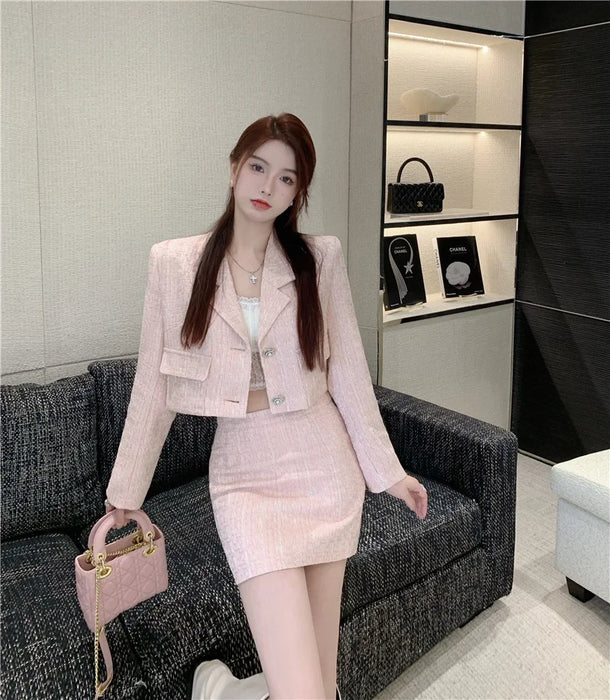 High Quality Tweed Two Piece Set Women Woolen Jacket Coat Crop Top Bodycon Mini Skirt Suits Fall Winter 2 Piece Sets