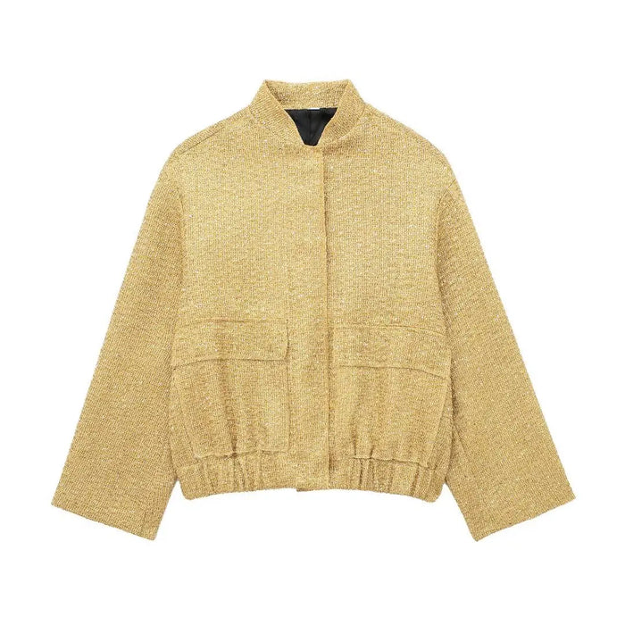 Women Fashion Shiny Sequin Jacket Gold Color Stand Collar Long Sleeve Short Coat Fall Winter Ladies Christmas Outwear