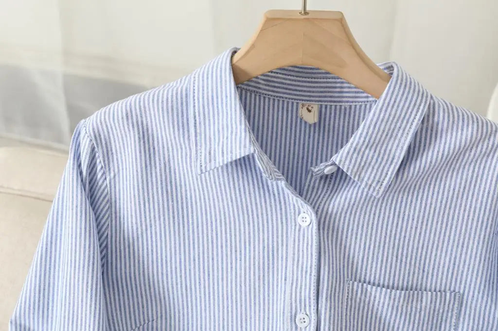 Casual Cotton Women's Oxford Shirt Fall Quality Woman Blouse and Tops Lady White Blue Striped Shirts Clothes