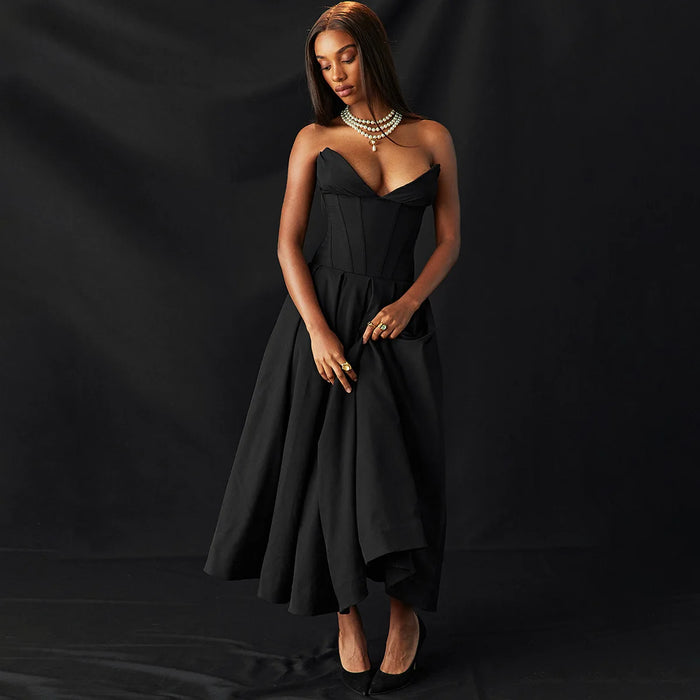 Suninheart Black Elegant Wedding Events Dress Sexy Strapless Corset Dress Midi Christmas Party Dresses for Women