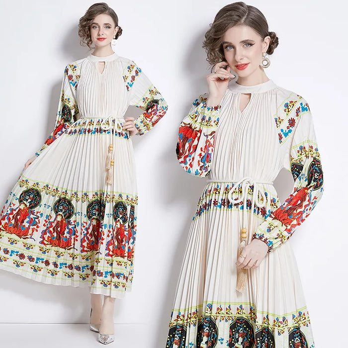 Spring Print Long Dress For Women Fashion Loose Lantern Sleeve Party Female Big Swing Tassels Belt Pleated