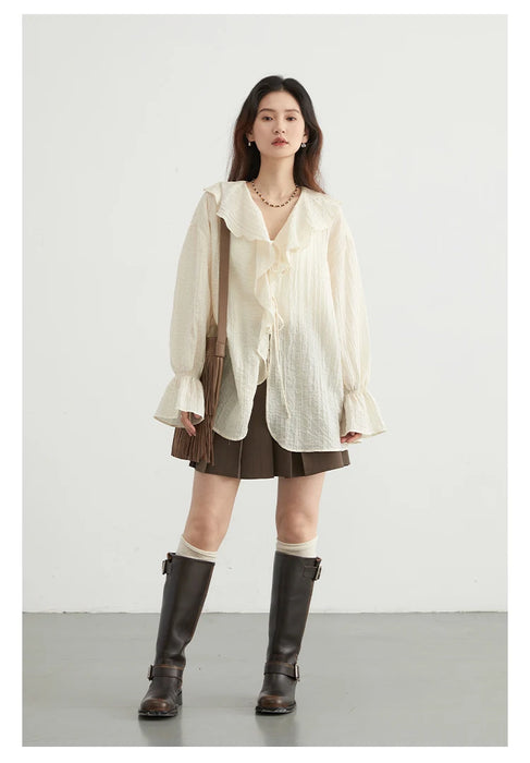 Women Shirt Loose Ruffled Edges Female Blouses V Neck Lace Up Mid Length Woman Shirts Spring Summer