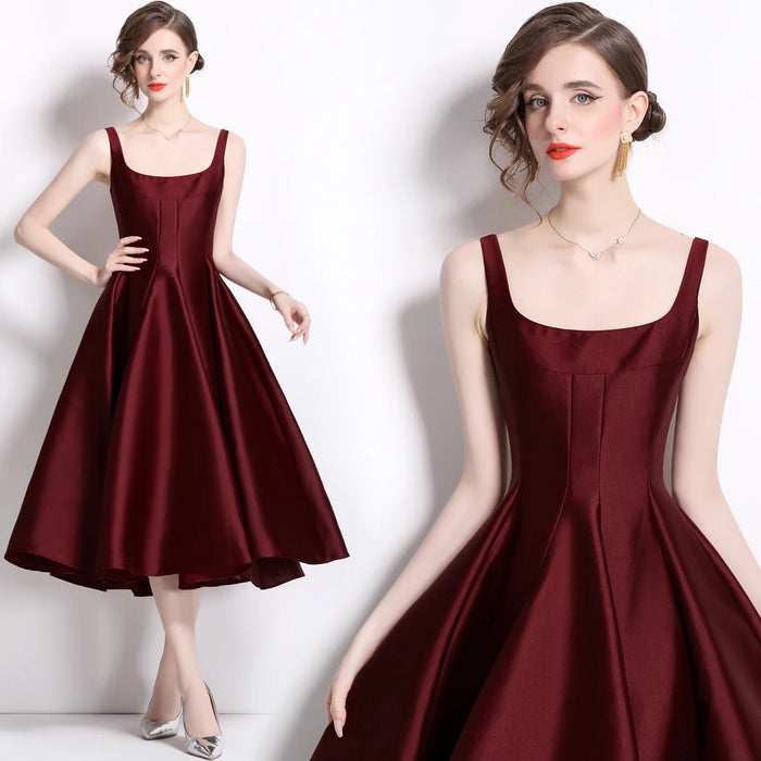Sexy Evening Thick Satin Women's Spaghetti Strap Party Ball Gown Slash Neck Backless Prom Cocktail Dresses
