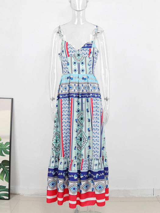 Sexy Deep V Neck Maxi Dress Floral Print Sling Split Women Dress Beach Holiday A-line Long Dress Summer Casual