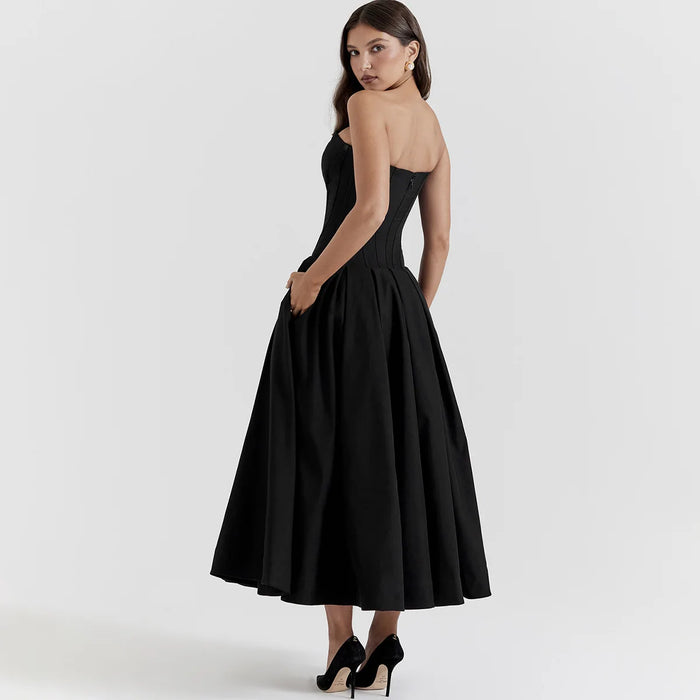 Suninheart Black Elegant Wedding Events Dress Sexy Strapless Corset Dress Midi Christmas Party Dresses for Women