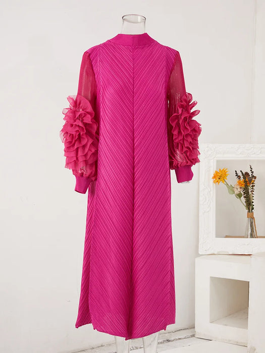 Maxi Pleated Dress Round Neck Spliced Full Sleeve Dresses For Women