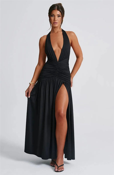 Halter Deep V Neck Backless Maxi Dress For Women Fashion Solid Sleeveless Thigh High Split Sexy Long Dress Elegant