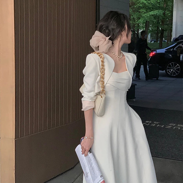 Two Piece Fall Solid Color Dress Woman Ladies Elegant Dress Women White Party Wedding