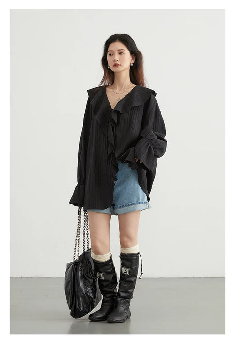 Women Shirt Loose Ruffled Edges Female Blouses V Neck Lace Up Mid Length Woman Shirts Spring Summer