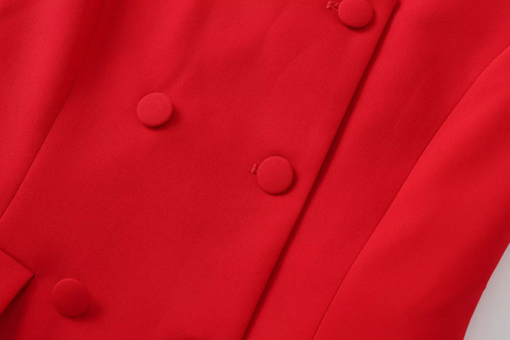 Women Summer Fashion Suits Red Square Neck Sleeveless Pockets Double Breasted Waistcoat Top+Mid-Waist Slit Stralght Pants