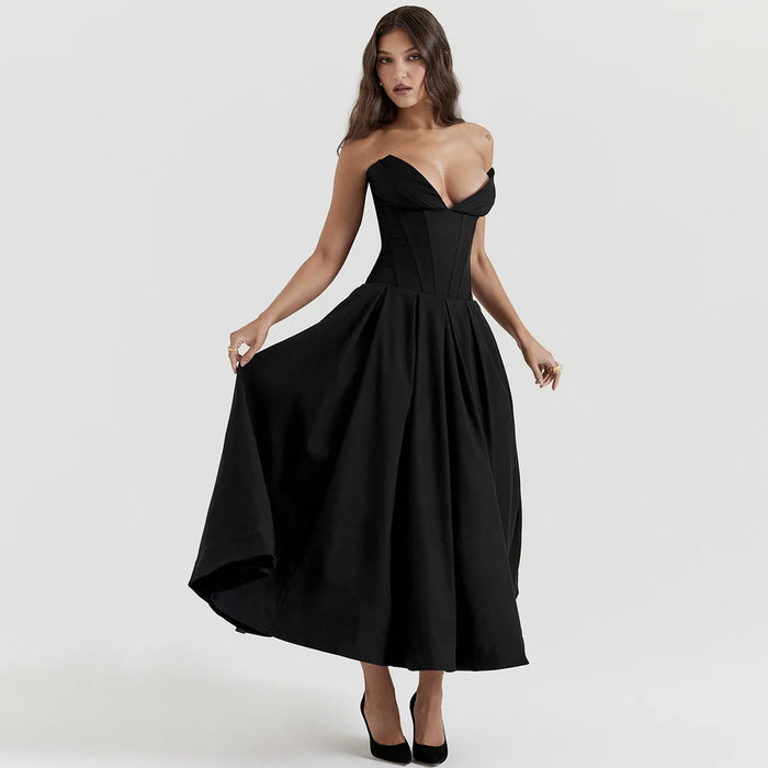 Suninheart Black Elegant Wedding Events Dress Sexy Strapless Corset Dress Midi Christmas Party Dresses for Women