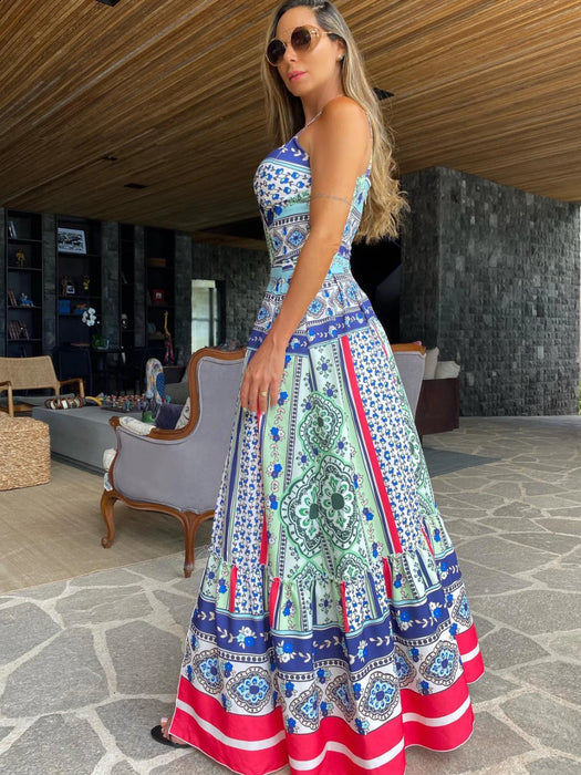 Summer Print Long Dress Women Clothing Party Dresses Pattern Strappy Ladies Hollow Out V-Neck Beach Vestidos