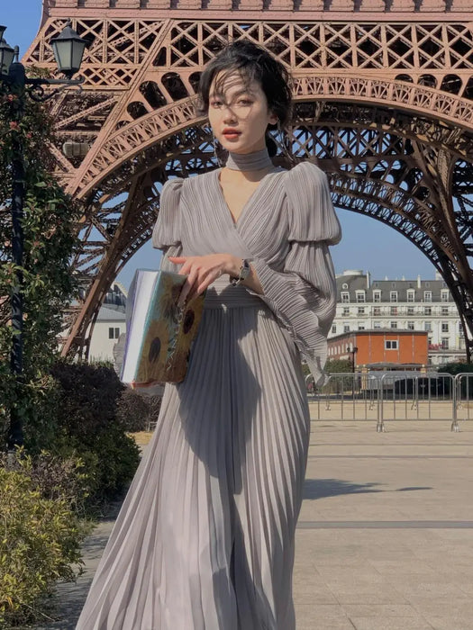 Womens French Elegant Ruffle Irregular Long Dress Pleated Party Evening