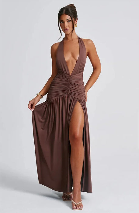 Halter Deep V Neck Backless Maxi Dress For Women Fashion Solid Sleeveless Thigh High Split Sexy Long Dress Elegant