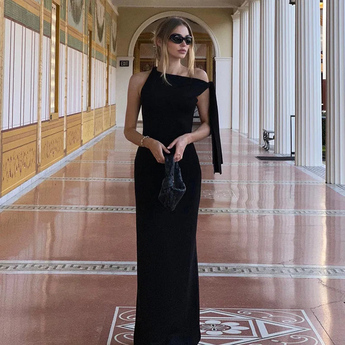 Diagonal Collar Sleeveless Sexy Maxi Dress For Women Fashion Off-shoulder Sleeveless Bodycon Long Dress Elegant
