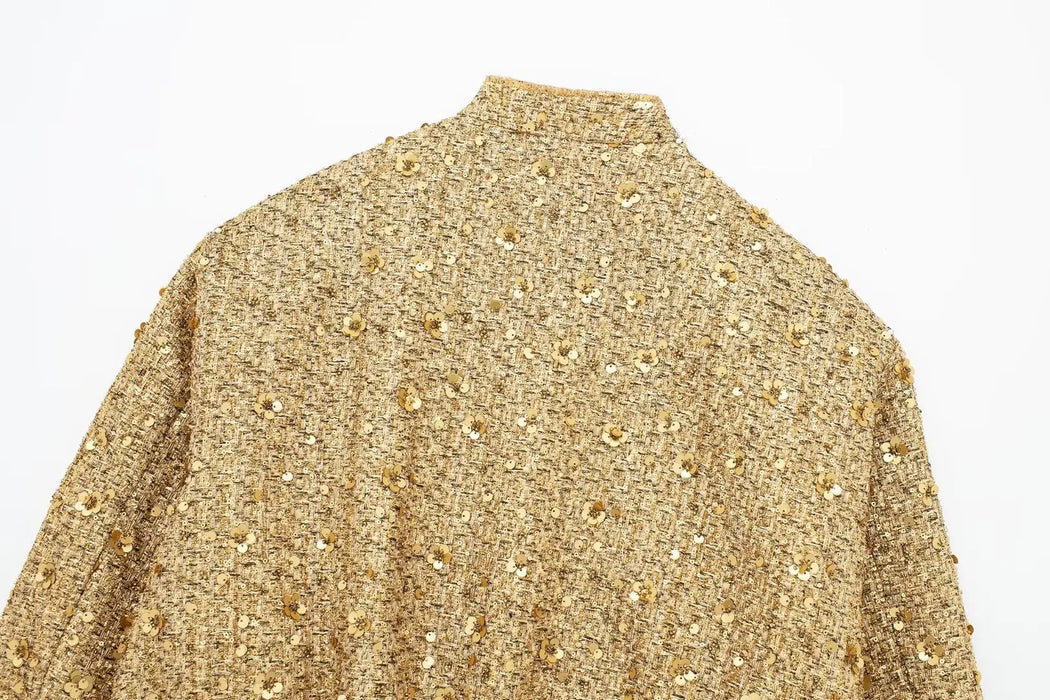 Women Fashion Shiny Sequin Jacket Gold Color Stand Collar Long Sleeve Short Coat Fall Winter Ladies Christmas Outwear
