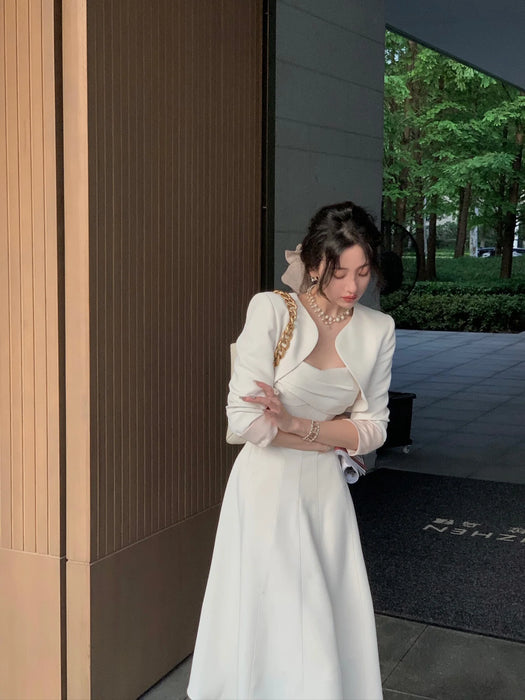 Two Piece Fall Solid Color Dress Woman Ladies Elegant Dress Women White Party Wedding