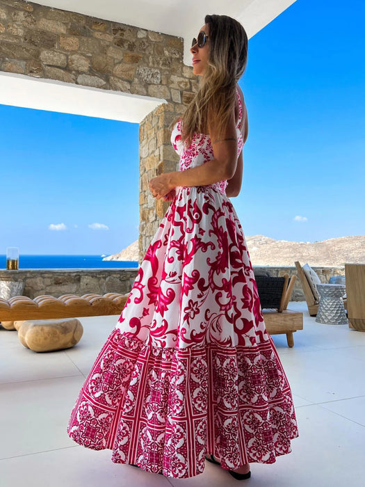 Summer Print Long Dress Women Clothing Party Dresses Pattern Strappy Ladies Hollow Out V-Neck Beach Vestidos