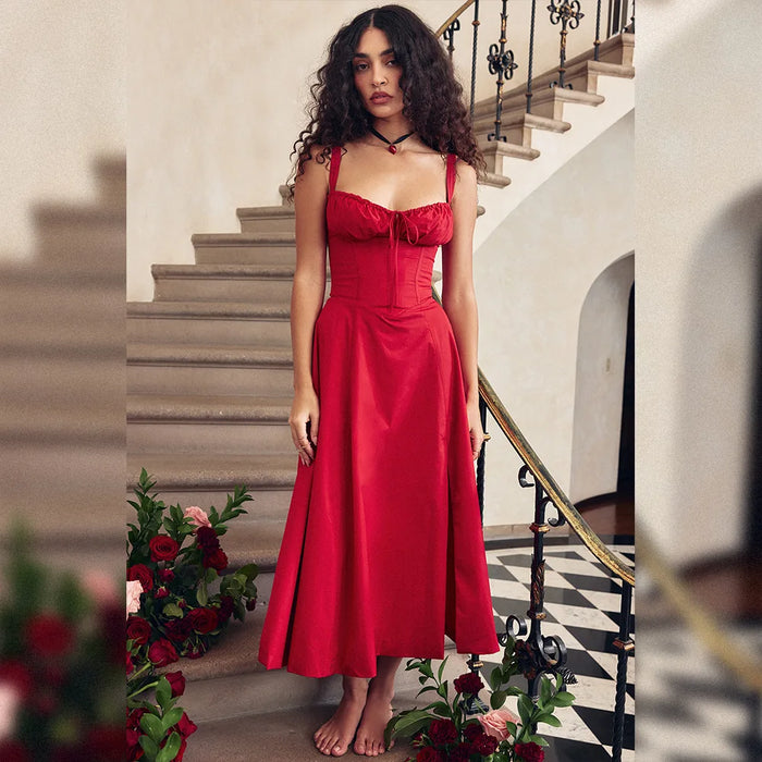 Women's Summer Floral Print Dresses Sweet Elegant Midi Holiday Dress Casual Slit Blue Lace Up Dresses