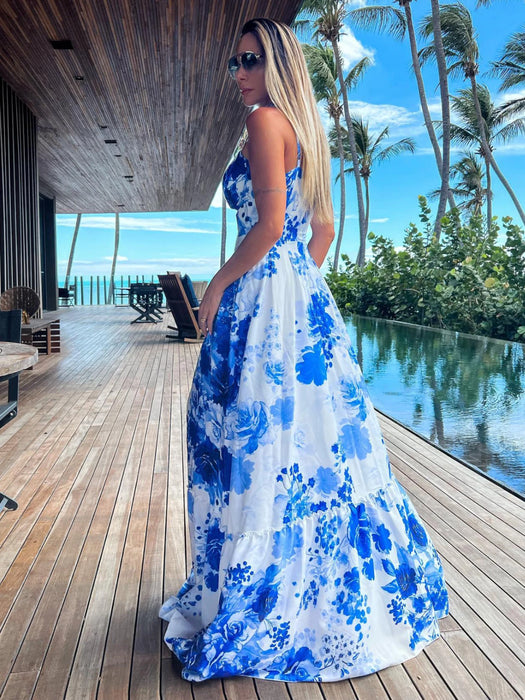 Summer Print Long Dress Women Clothing Party Dresses Pattern Strappy Ladies Hollow Out V-Neck Beach Vestidos