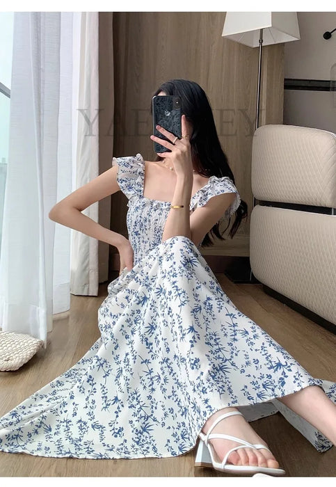 Vintage Sexy Slash Neck Flying Sleeve Print Floral Bodycon Dresses for Women Beach Sleeveless Dress Summer