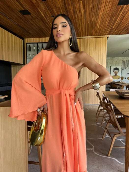 Solid Women's One-Shoulder Sexy Lady Long Skirt Slit Ruffled Tassel Swing Evening Dress