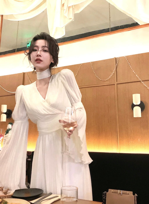 Womens French Elegant Ruffle Irregular Long Dress Pleated Party Evening
