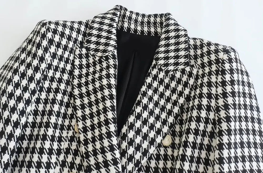 Women Fashion Double Breasted Houndstooth Blazer Coat Long Sleeve Female Outerwear