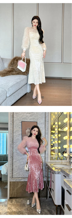 Christmass Party Elegant Luxury Mermaid Dress Women Clothes Chic Casual Sweet Puff Sleeve Skinny Midi Party Birthday Holiday