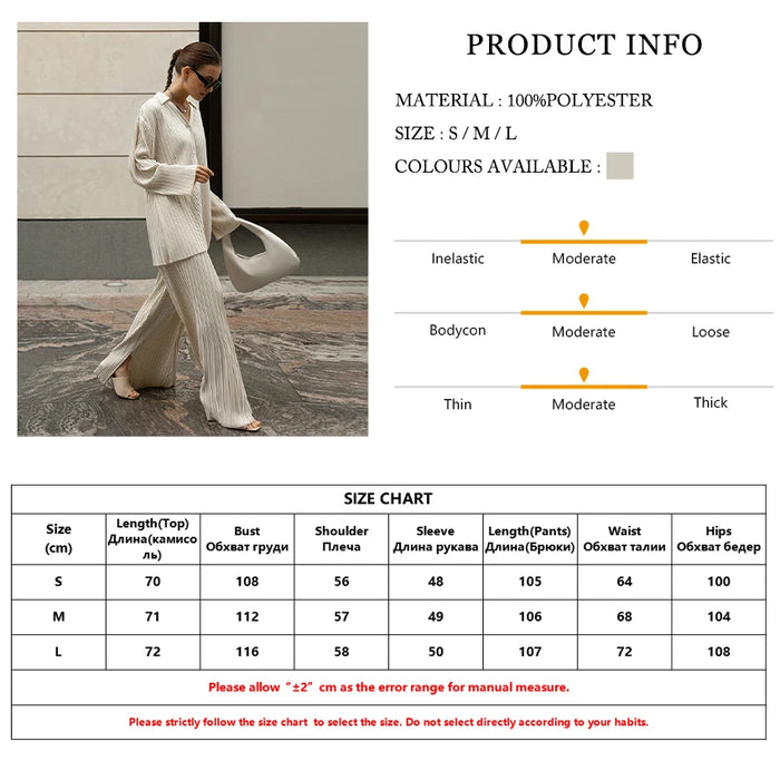 Fashion Long Sleeve Blouses Womens Two Peice Sets Casual Loose Slit Wide Trouser Suits Elegant White Pleated Female Set