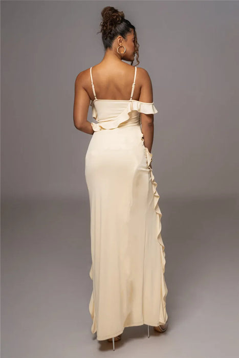 Elegant Ruffle Sexy Maxi Dress Women Spaghetti Strap Flower Sleeveless Backless High Split Club Party Evening Dress