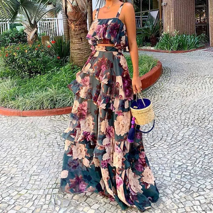 Women Two Pieces Beachwear Elegant Ruffles Sleeve Beach Dresses Leaf Print White Long Dress High Waist