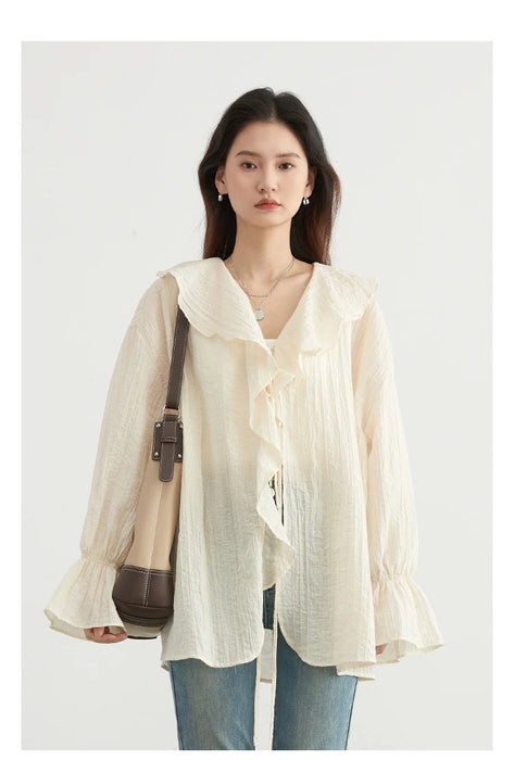 Women Shirt Loose Ruffled Edges Female Blouses V Neck Lace Up Mid Length Woman Shirts Spring Summer