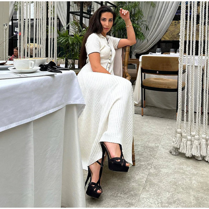 Elegant V Neck Denim Patchwork Knitted Long Dress Women Fashion Short Sleeved Buttons Bodycon Dresses Office Lady