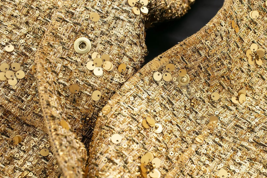 Women Fashion Shiny Sequin Jacket Gold Color Stand Collar Long Sleeve Short Coat Fall Winter Ladies Christmas Outwear