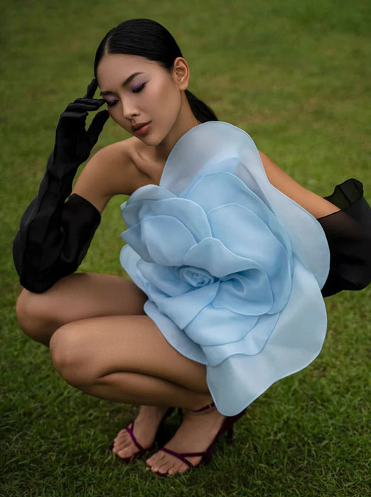 New Style White Oblique Shoulder Decorative Flower Dress Women's Wedding Party One Shoulder dress