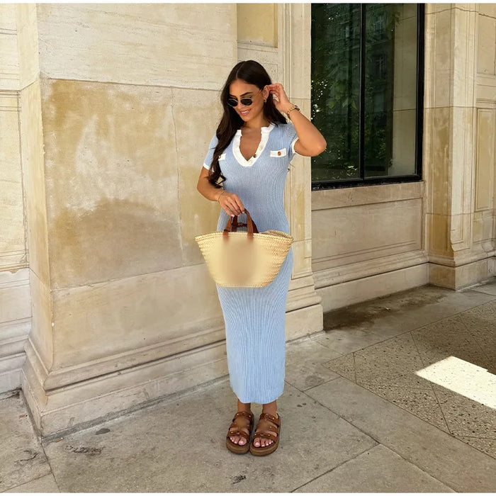 Elegant V Neck Denim Patchwork Knitted Long Dress Women Fashion Short Sleeved Buttons Bodycon Dresses Office Lady