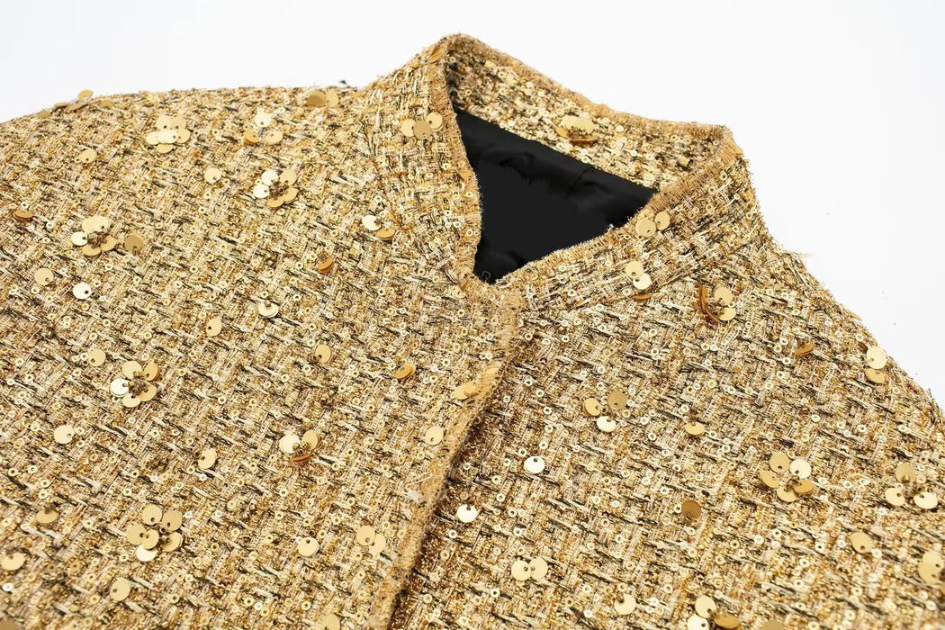 Women Fashion Shiny Sequin Jacket Gold Color Stand Collar Long Sleeve Short Coat Fall Winter Ladies Christmas Outwear