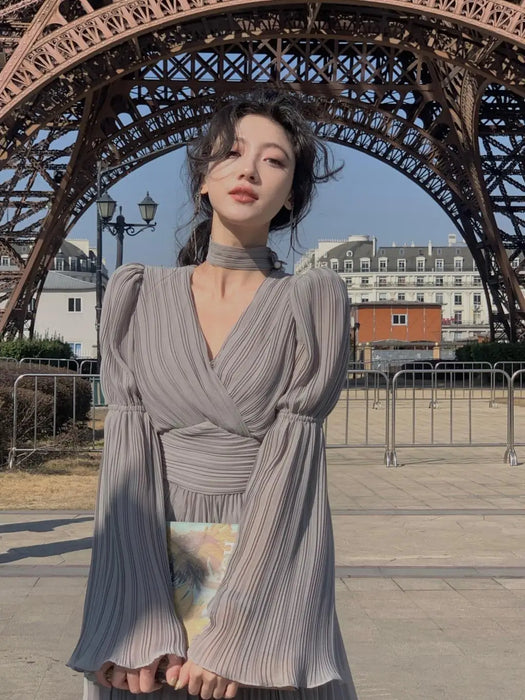 Womens French Elegant Ruffle Irregular Long Dress Pleated Party Evening