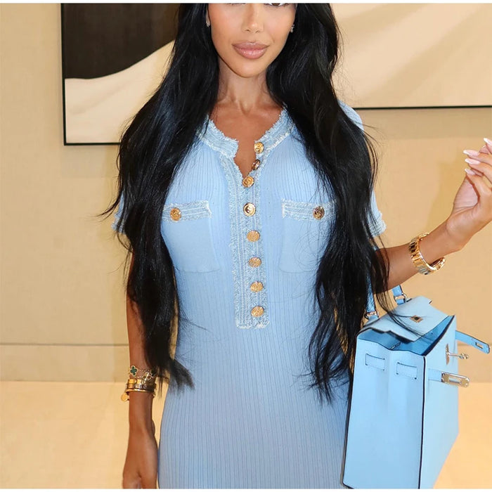 Elegant V Neck Denim Patchwork Knitted Long Dress Women Fashion Short Sleeved Buttons Bodycon Dresses Office Lady